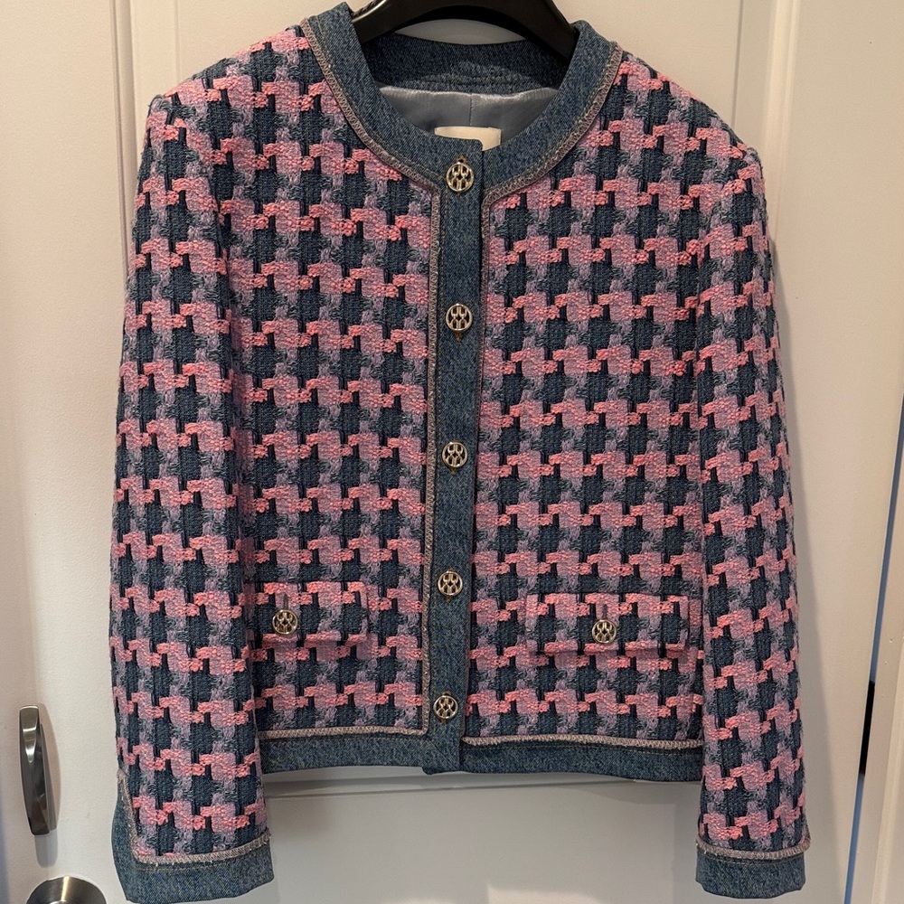 Sandro Pink and Blue Checkered Blazer with Gold Buttons
